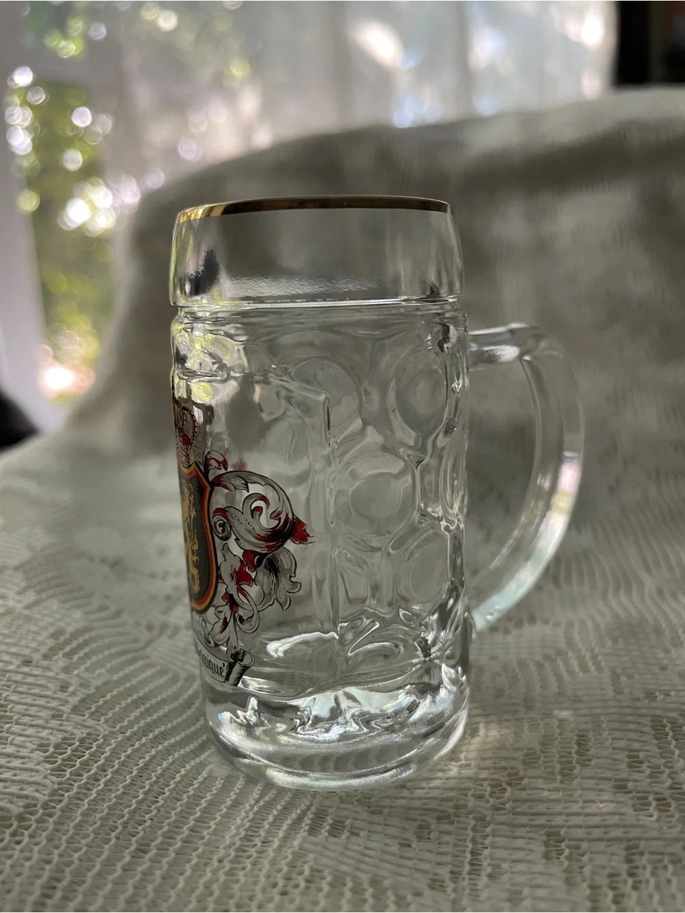 Belgique Crest Clear Glass Shot Glass with Gold Rim and Handle